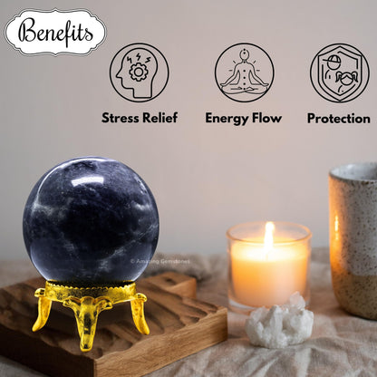 Amazing Gemstone Iolite Crystal Ball with Stand - 2 Inches Crystal Sphere Meditation Balls for Witchcraft and Decorative Balls