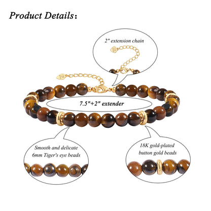 PERNNLA PEARL Tigers Eye Crystal Beaded Bracelets Handmade Anxiety Healing Bracelets for Women Dainty Eye of The Tiger Gemstone Protection Gold Bracelet 7.5”