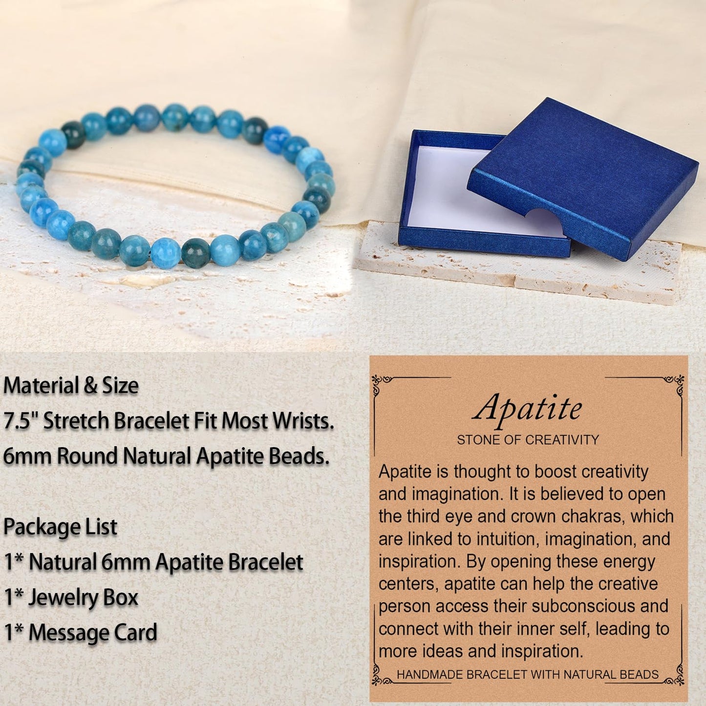 LPBeads Handmade Natural Gemstone Stretch Elastic 6mm Blue Apatite Bracelet Healing Crystal Round Stone Beads Jewelry Gifts for Women Men