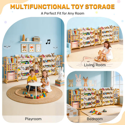 Yazzropt 114" Large Toy Storage Organizer with Bins Shelves & Stuffed Animal Storage for Kids Wood Toddler Playroom Organization with Bookshelf Toys Box Wooden Organizers for Kids Room Nursery Bedroom