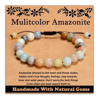 CHCCOYE 8mm Handmade Adjustable Natural Gemstone Crystal Bracelet Healing Power Energy Inspirational Gifts with Card for Unisex (Mulitcolor Amazonite)