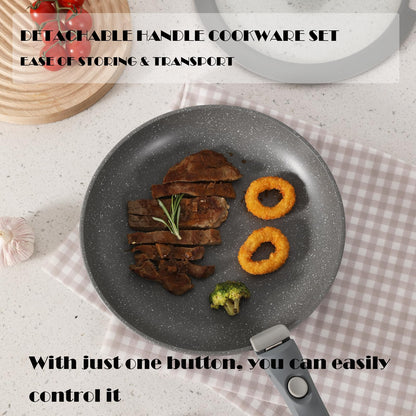 Vkoocy Gray Non Stick Pot and Pan Set with Removable Handle, Ceramic Cookware Set Detachable Handle, 5pcs Induction Kitchen Camping Stackable Pots Pans, Dishwasher/Oven Safe, PTFE/PFAS/PFOA Free