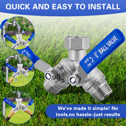 Garden Hose Splitter, 304 Stainless Steel 2 Way Hose Splitter with Long Handle, Heavy Duty Hose Y Spigot Splitter with Shutoff Valves, 3/4" GHT Thread Outdoor Faucet Splitter