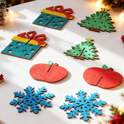 BENIMUS DIY 3D Christmas Wood Crafts to Paint, Unfinished Wooden Table Decorations, Wooden Slices Christmas Decor Cutouts Ornaments for Painting Decorations (32 PCS)