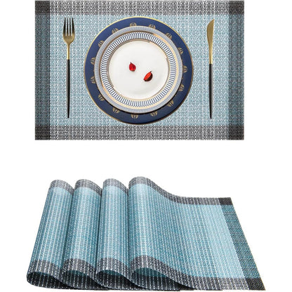 Niviy Blue Grey Ethnic Boho Placemats Set of 4, 12x18 Inch Linen Burlap Washable Durable Art Table Mats for Holiday Party Kitchen Dining Room Decoration
