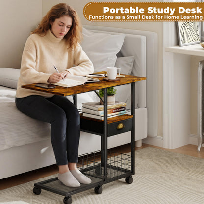 Rolling Coffee Table with Oversized Double-Wide Wood Top, Mobile Tv Tray with Storage Drawer and Wheels for Sofa, Portable Side Table for Living Room, Home Office, Spacious Desk for Working Studying