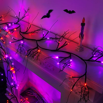 9FT 72 LED Willow Vine Twig Decorations Black Halloween Garland with Orange & Purple Light, 8 Modes Battery Operated Halloween Lights Indoor for Mantle Fireplack Table Home Office Room Party Decor