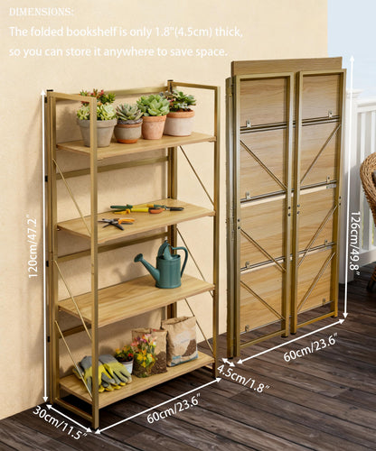 BIASUNS Folding Bookshelf,Multifunctional Foldable Plant Stand Storage Rack Shelves for Home Office, Easy Assembly, 4-Tier,Gold & Nature Wood
