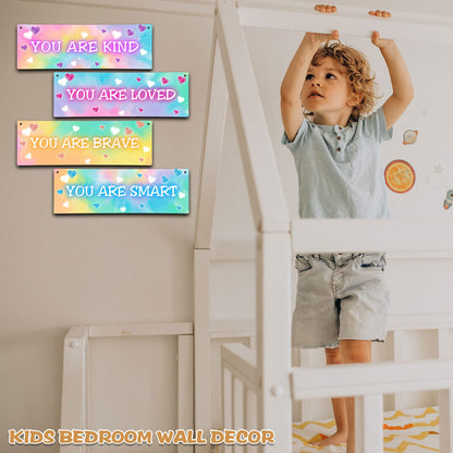 4 Pieces Tie Dye Decor Kids Room Wall Decor Wooden Sign - Motivational Wall Art For Kids Room Nursery Playroom Classroom - You Are Loved Brave Kind Smart(Sign-04)