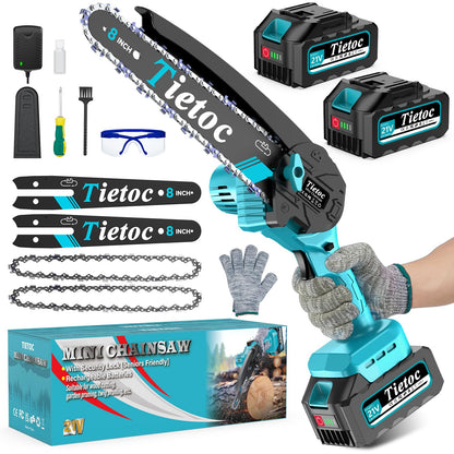 Tietoc Mini Chainsaw 8 inch Cordless with 2x 4000mAh Batteries, Battery Powerd Chain saw with Oiler, Lightweight Handheld Saw for Household & Garden, Gifts for Men, Dad, Husband, Gardener and DIYer