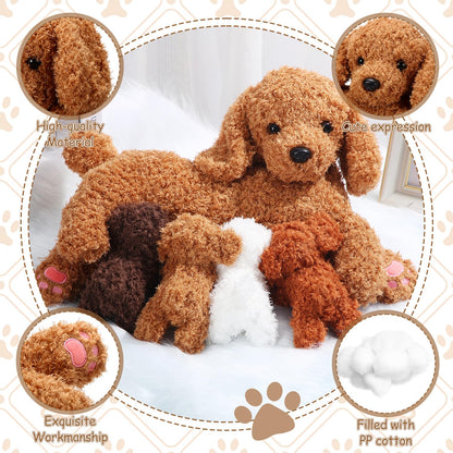 Honoson Nurturing Dog Mommy Plush Set with 4 Baby Puppies Soft Cute Dog Themed Stuffed Plush Toys for Kids Girls Boys Easter Birthday Gifts(Curly)