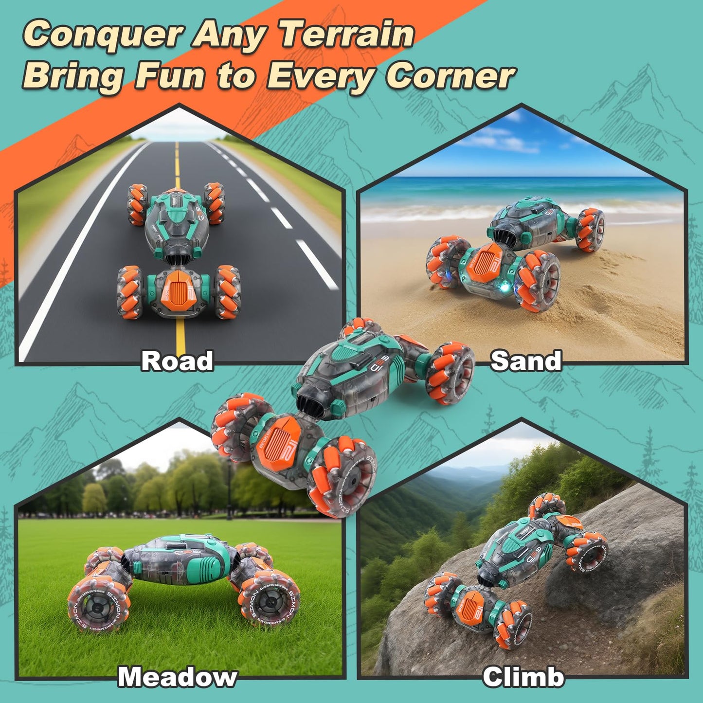 QPOU Gesture Sensing RC Stunt Car for Kids - 2.4Ghz Remote & Hand-Controlled Toy, Birthday Gifts for Boys 6 7 8 9 10 11 12 Year Old, Twist Off-Road Vehicle with Lights & Music