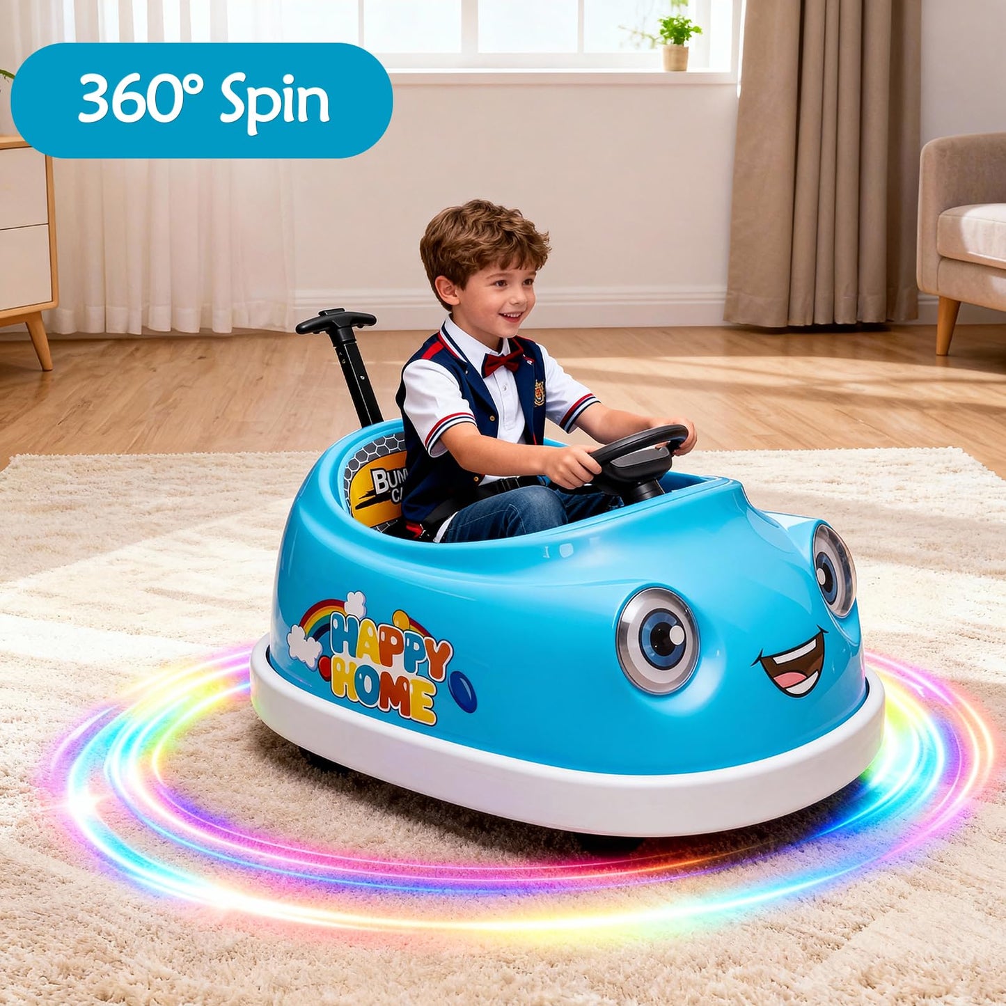 IHUESHO 6 in 1 12V Electric Bumper Car for Toddlers 1-3 with Remote Control, Baby Ride on Bumper Car, Rocking Horse, 360 Degree Spin, Safety Belt, LED Lights & Bluetooth, Gift for Girls Boys (Blue)