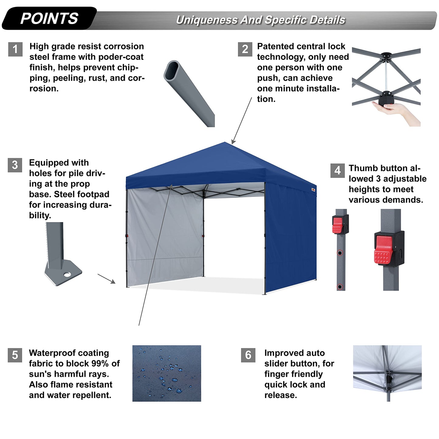 ABCCANOPY Easy Pop up Canopy Tent with 2 Sidewalls for Outdoor Sun Blocking or Rain Protection,10x10, Navy Blue