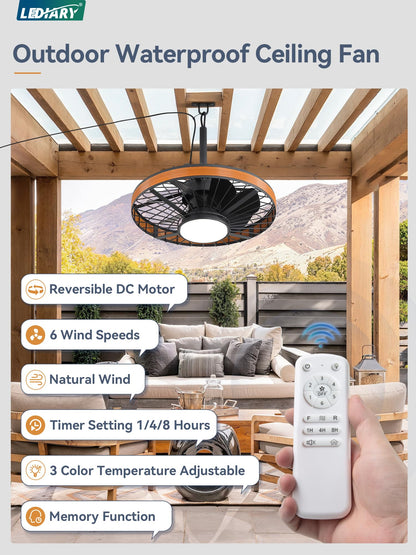 LEDIARY Outdoor Ceiling Fans with Lights, IP65 Waterproof Gazebo Fan with Hanging Hook,6 Speeds, 3CCT, 20 Inch Wet Rated Plug in Ceiling Fan for Patios,Porch, Pergola,Canopy, Brown
