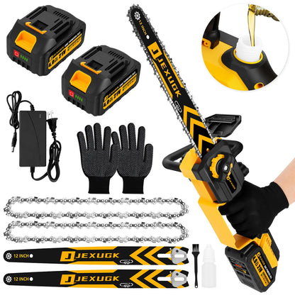 JEXUGK 12" Brushless Chainsaw, 21V Cordless Chainsaw with 2 x 4.0Ah Battery, Electric Motosierra De Gasolina with 2 x Chains & Guide Plate, Eléctrica Rechargeable Saw for Wood Cutting Trimming Branch