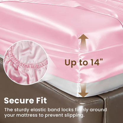 Love's cabin Satin Queen Sheets Set - 4 Piece Pink Silky Bed Sheets Set with Deep Pocket, Luxury Silk Feel Satin Queen Size Sheet Set (1 Flat Sheet, 1 Fitted Sheet, 2 Pillow Cases)