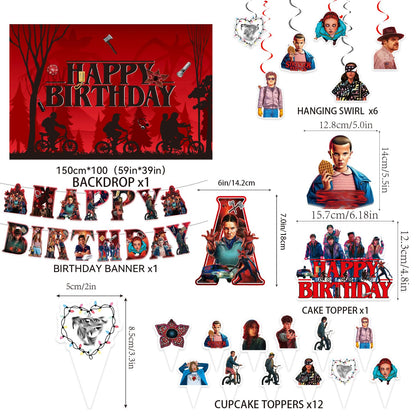 82Pcs Stranger Party Decorations Set - Thriller Theme Birthday Supplies with Thickened Backdrop, Tablecloth, Balloon Arch Kit, Cake Toppers for Kids Adults Upside Down Fans