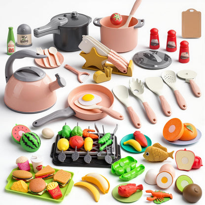 Zero Zoo 105Pcs Kids Kitchen Toy Accessories, Toddler Pretend BBQ Camping Cooking Playset, Play Pots, Pans, Utensils Cookware Toys, Play Food Set, Vegetables, Learning Gift for Girls Boys