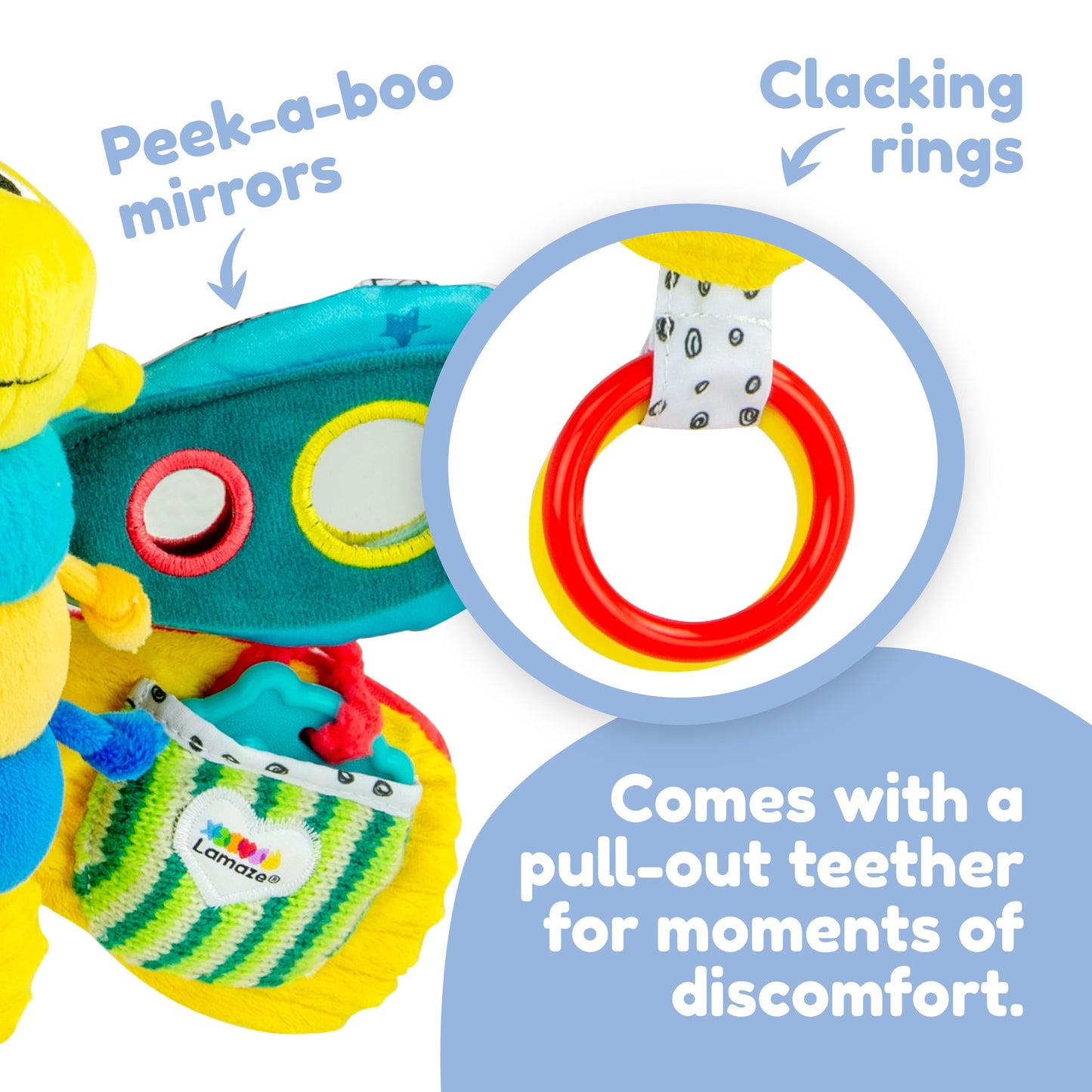 Lamaze Clip On Car Seat and Stroller Toy - Freddie the Firefly - Includes Lady Bug Teether - High Contrast Sensory Crinkle Toys for Babies - Infant Travel Toys - Ages 0 Months and Up