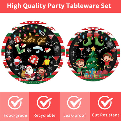 96 Pcs Lets Get Elfed Up Christmas Party Decorations, Festive Elf Santa Plates Napkins Forks for 24 Guests, Funny Holiday Tableware Set Party Supplies