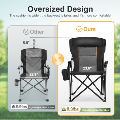 LET'S CAMP Oversized Camping Chairs 29.52" High Back Heavy Duty Lawn Chair Support 500LBS, Portable Collapsible Chair with Cup Holder, Side Pocket,2 Pack(Black)