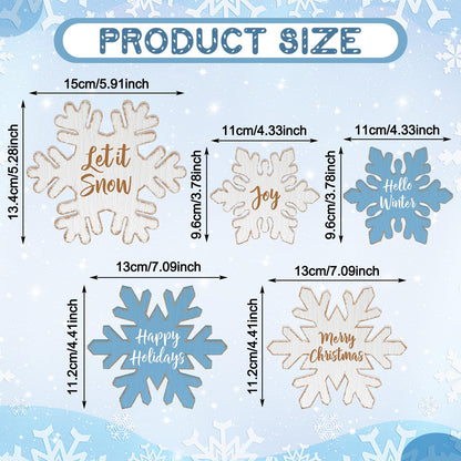 Thyle 5 Pcs Winter Wooden Snowflake Decor Rustic Winter Table Centerpiece White and Blue Wood Blocks with Heartwarming Quote Table Standing Signs for Farmhouse Fireplace Mantel Home