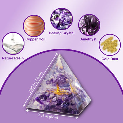XQIGI Orgonite Amethyst Pyramid with Light Base for Healing Chakra Crystal Meditation Tree Life Stone Charged Energy Generator for Positive Success Growth Powerful Strength Prosperity Wealth (Sun)