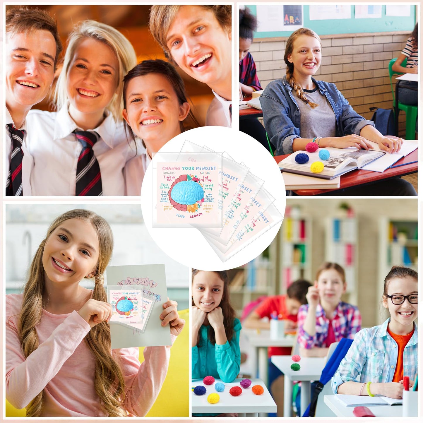 Hollowfly 100 Set Growth Mindset Gift Brain Stress Balls Bulk with Motivational Cards Back to School Stress Balls Gifts Funny Relief Toy for Students Classroom Employee Appreciation for Coworker