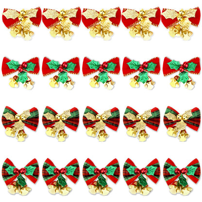 Pistha 20 Pcs Christmas Mini Bow with Bells, 4 Styles - Traditional, Rustic, Whimsical, Minimalist - Red, Green, Gold - Christmas Ornaments