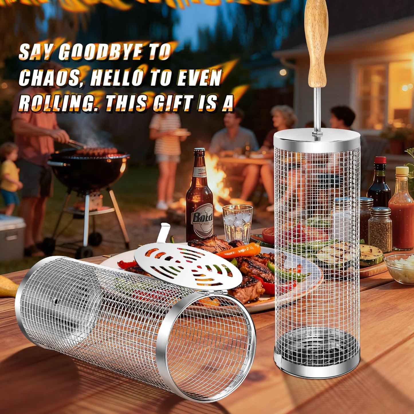 Rolling BBQ Basket for Outdoor Grill: Barbecue Smoker Grilling Baskets for Vegetable, Unique Birthday Christmas Gifts for Men Dad Husband 2pcs