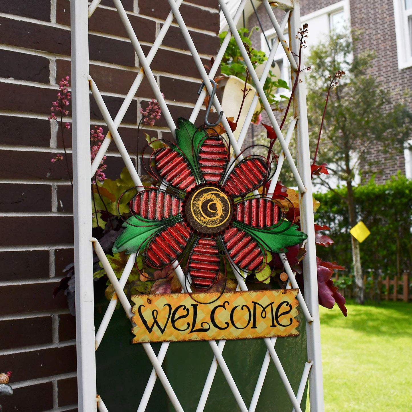 Metal Welcome Sign for Front Door - Decorative Flower Hanging Plaque Spring Wreaths Wall Art - Farmhouse Patio Garden Outdoor Decorations (Red, B)