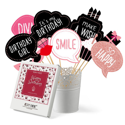 Birthday Photo Booth Props Kit - Happy Birthday Party Favors Supplies Bday Party Decoration Set with Real Glitter Cute Bday Designs for Women - Easy to Assemble 30 Pieces (Rose Gold)