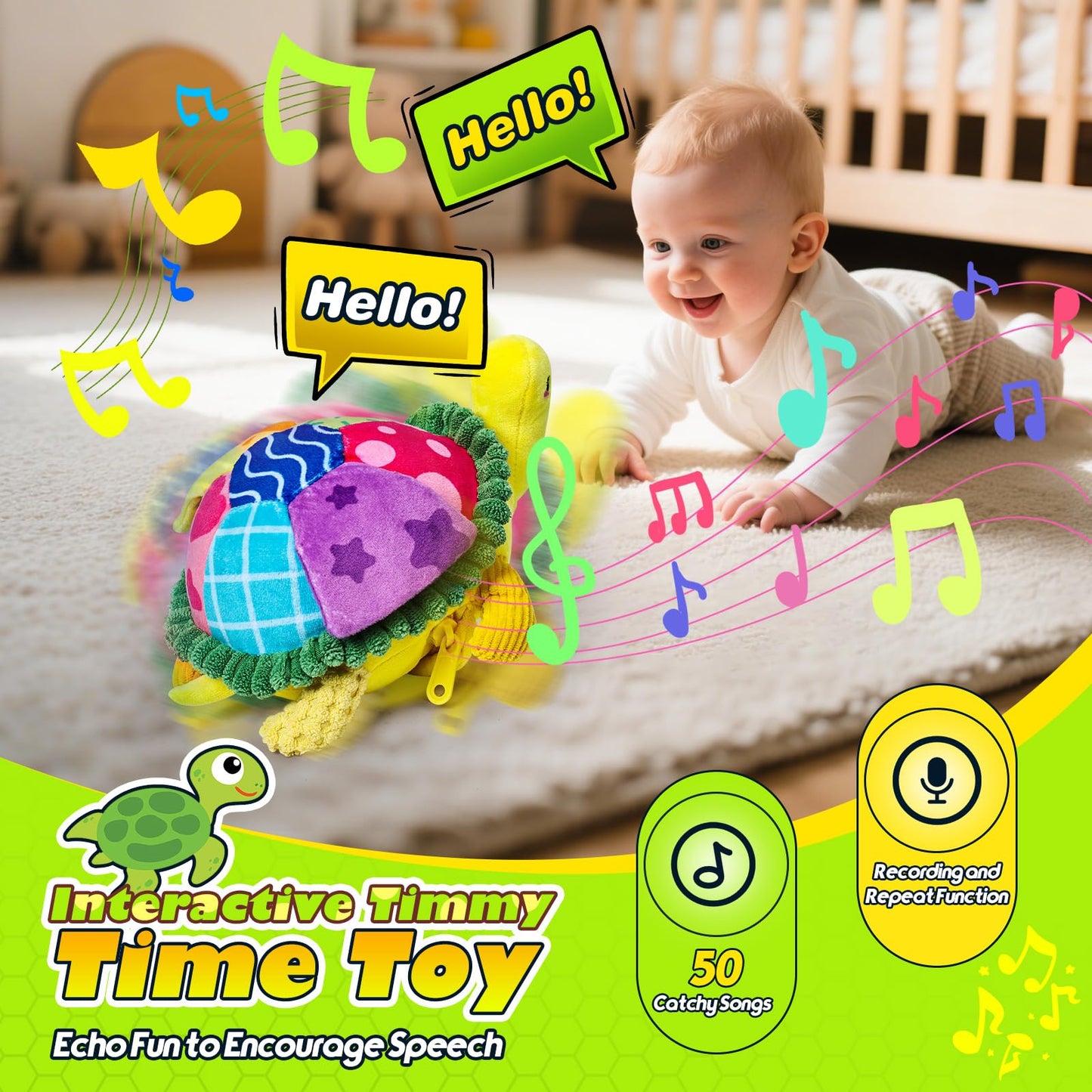 Esjay Baby Toys 6-12 18 Months, Crawling Musical Turtle Plush Tummy Time Toy, Dancing Bouncing Recording Walking Sensory Toys for 6 Month+ Old Infants, Gifts for 1 2 3 Year Old Boys Girls Toddlers