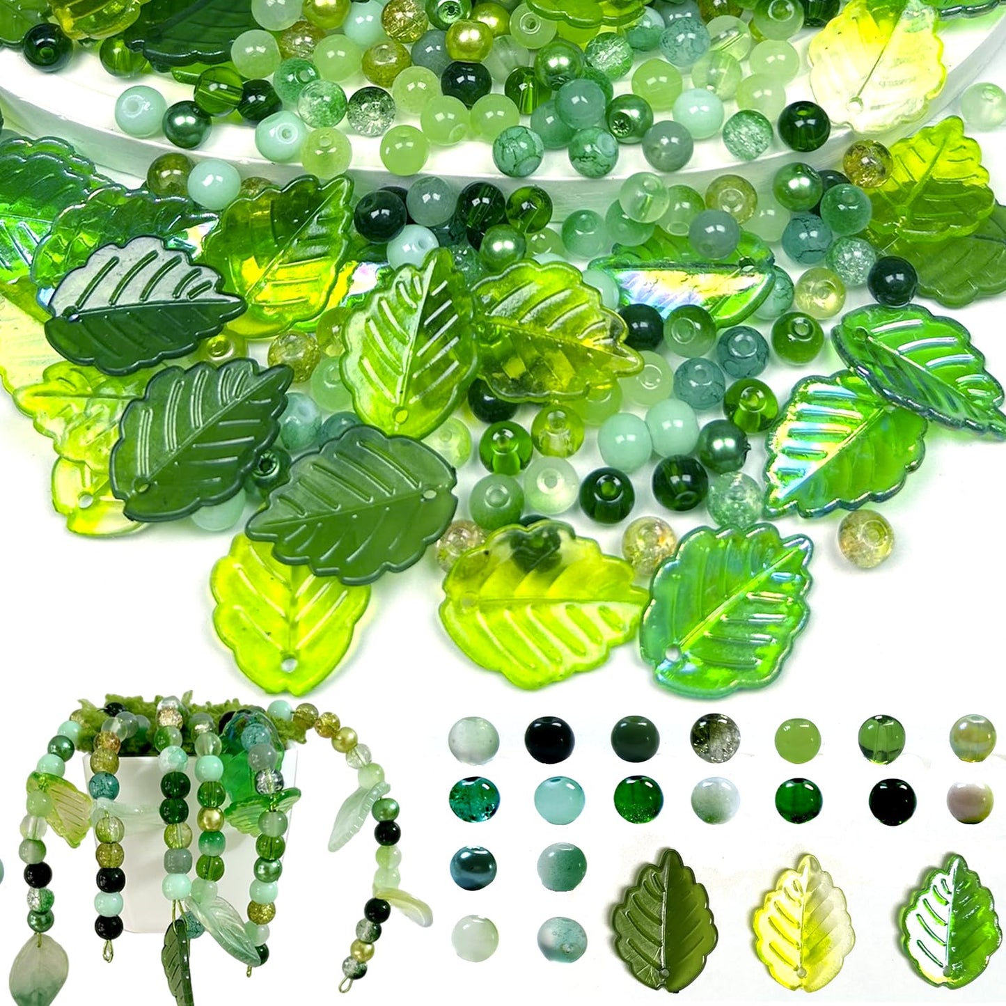 380pcs Green Glass Beads with Acrylic Leaf Beads, Assorted 6mm Round Crystal Crackle Beads Strawberry Leaves for Craft DIY Earring Bracelet Necklaces Wind Chimes