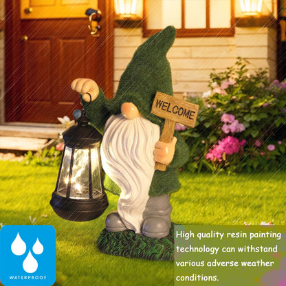 halp·ssfm St Patrick’s Day Green Garden Gnome Statue with Solar Lantern Welcome Sign Outdoor Decor for Porch Lawn Patio Yard Holiday Decorations Housewarming Gifts for Women