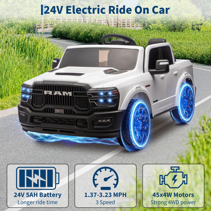 Licensed RAM 2500, 2 Seater Electric Car for Kids, 24v Ride on Truck w/Remote Control, Toddler Ride on Toys w/Bluetooth, Spacious Truck Bed, 3 Speed, LED Lights, Suspension, Gifts for Boys Girls