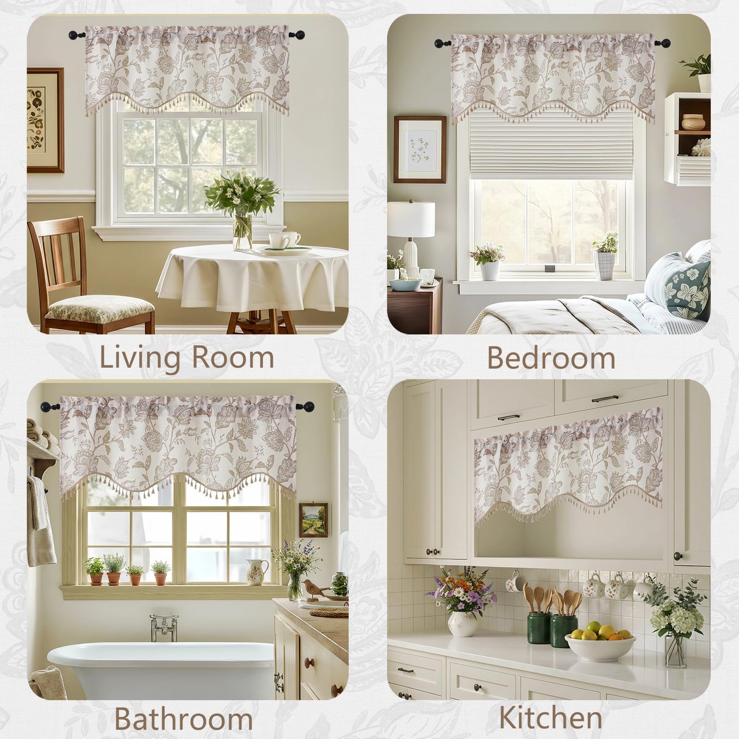 Ebesto Scalloped Valance for Windows - Faux Linen Textured Short Kitchen Valance with Tassels, Farmhouse Floral Printed Small Window Curtains for Bathroom Basement RV, 1 Piece, 52Wx18L Inches, Taupe