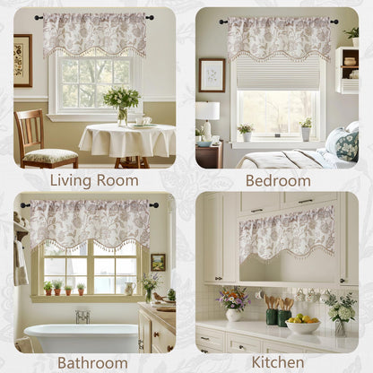 Ebesto Scalloped Valance for Windows - Faux Linen Textured Short Kitchen Valance with Tassels, Farmhouse Floral Printed Small Window Curtains for Bathroom Basement RV, 1 Piece, 52Wx18L Inches, Taupe