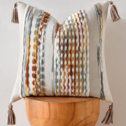 AmHoo Chenille Striped Textured Boho Throw Pillow Covers Aesthetic with Tassels Woven Decorative Pillow Case for Couch Bed Sofa Bedroom Modern Funky 18 x 18-Inch Brown