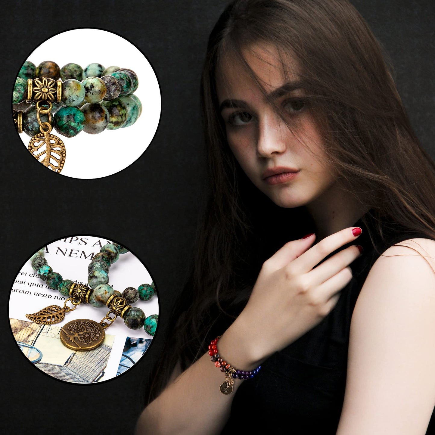 Bivei Natural Semi Precious Gemstone Beads Bracelet for Women - Life Tree and Leaf Charm Chakra Energy Anxiety Stretch Bracelets(African Turquoise)