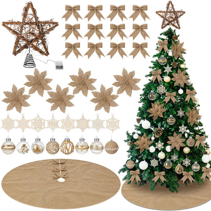Soulchen Boho Christmas Tree Ornaments Set-40 Pcs Burlap Christmas Tree Decorations Jute Rustic Neutral Skirt Topper Bows Ball Poinsettia Snowflake Hanging Ornament Bulk for Farmhouse Xmas Party Decor