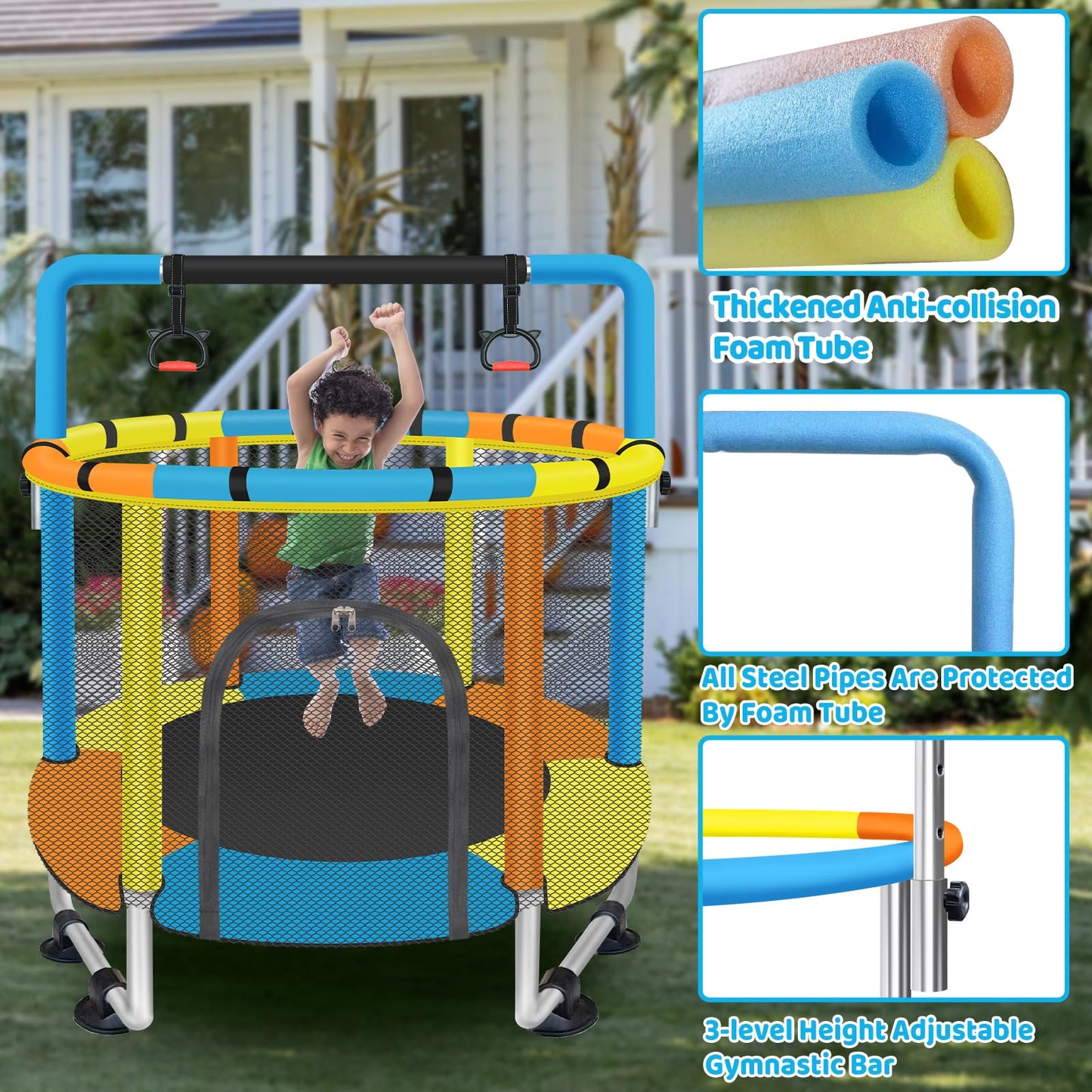 Toddler Trampoline for Kids Ages 1-8, 55'' Small Trampoline with Safety Enclosure Net & Adjustable Gymnastics Bar, Indoor & Outdoor Baby Mini Trampolines, Birthday Gifts for Children & Boys & Girls