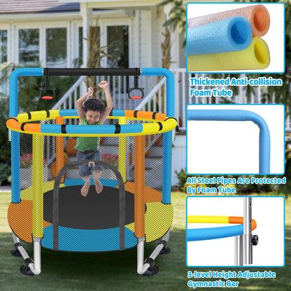 Toddler Trampoline for Kids Ages 1-8, 55'' Small Trampoline with Safety Enclosure Net & Adjustable Gymnastics Bar, Indoor & Outdoor Baby Mini Trampolines, Birthday Gifts for Children & Boys & Girls