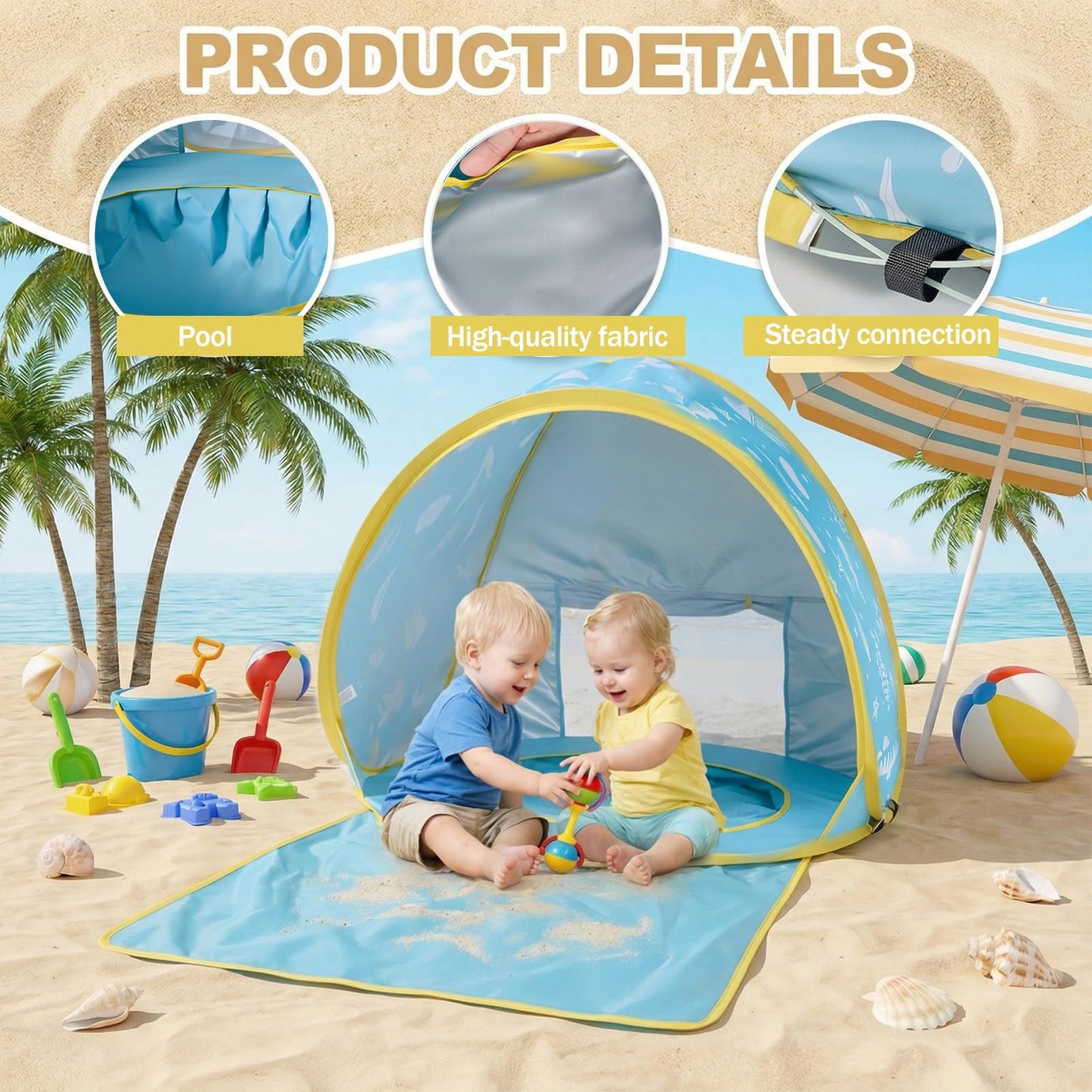 3-in-1 Baby Beach Tent, Pop-Up Baby Pool Tent with UPF 50+ Sun Protection, Portable Sun Shelter for Infants and Toddlers Outdoor Play