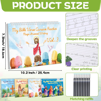 gisgfim Bible Magic Grooved Writing Practice Books for Kids Reusable Grooved Handwriting Workbooks for Kids Ages 3-8 Tracing Bible Magic Copybooks for Christian Sunday School Gifts Prizes（Cursive）
