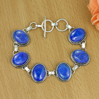 Natural Lapis Lazuli Silver Plated Handmade Link Bracelet for Women - September Birthstone Oval Gemstone Adjustable Bracelet Vintage Style Bohemian Jewelry - Mother's Day Gifts for Her