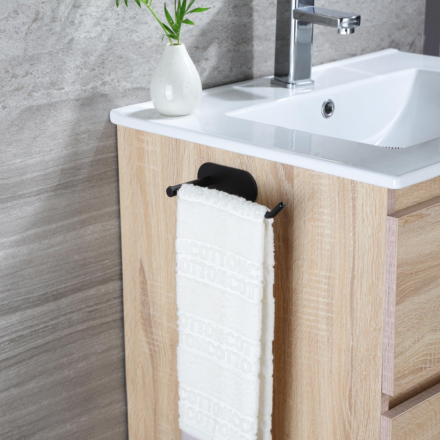 SUNTECH Hand Towel Holder - Black Towel Ring for Bathroom, Adhesive Towel Bar for Organizing Towels, 6 3/10 Inch Hand Towel Rack, Stainless Steel