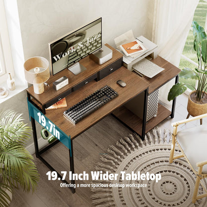 SINPAID 47 inch Computer Desk with Printer Shelf, Gaming Desk with Monitor Stand and Drawers, Reversible Home Office Desk with Storage Shelves and 2 Hooks, Home Workstation for Study Writing, Walnut