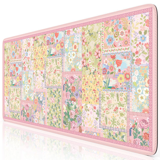 iCasso Pink Desk Mat for Keyboard and Mouse, Large Mouse Pad, Floral Desk Pad, Anti-Slip XXL Big Mousepad with Stitched Edges for Computer